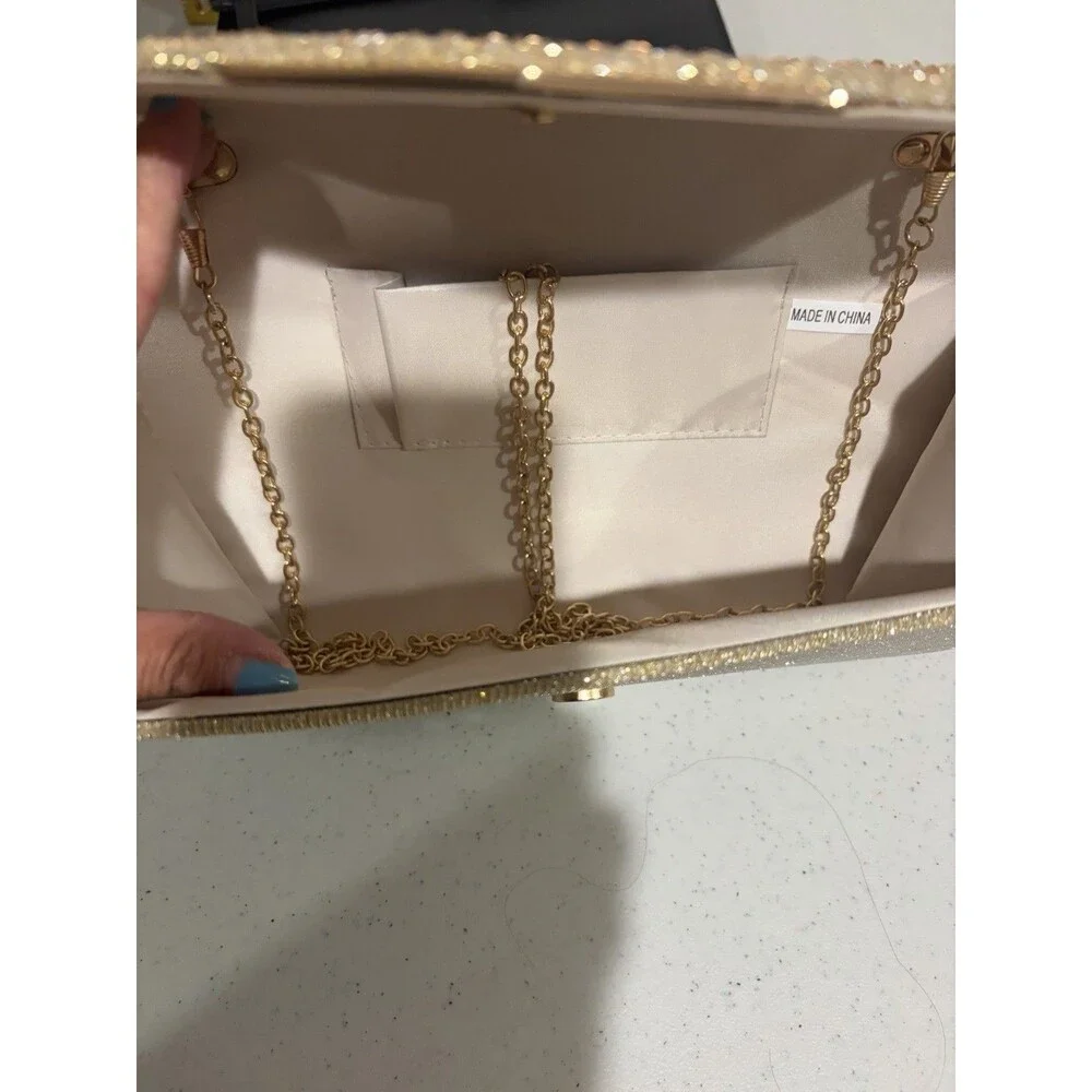 OTD Land Gold Beaded Glitter Clutch, Snap, Detach Chain Crossbody Strap